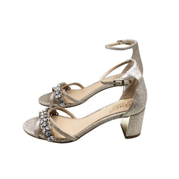 Jewel Badgley Mischka Gold Block Heel Evening Sandals - Picture 7 of 8